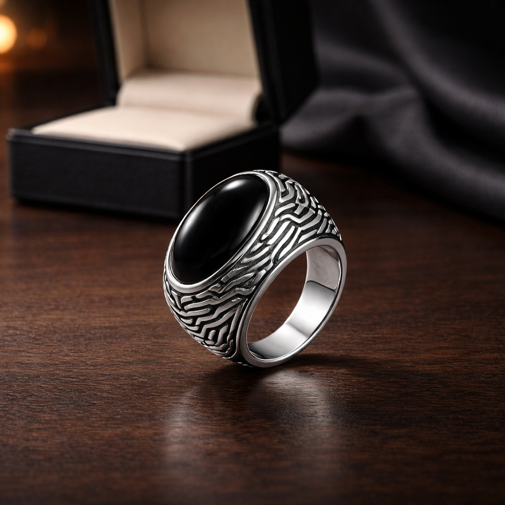 Black Onyx 925 Silver Ring •Chunky Ring with long Onyx Gemstone •Scroll work pattern •Vintage Look Silver Ring •Everyday Gift Alain Orbiz Jewelry
