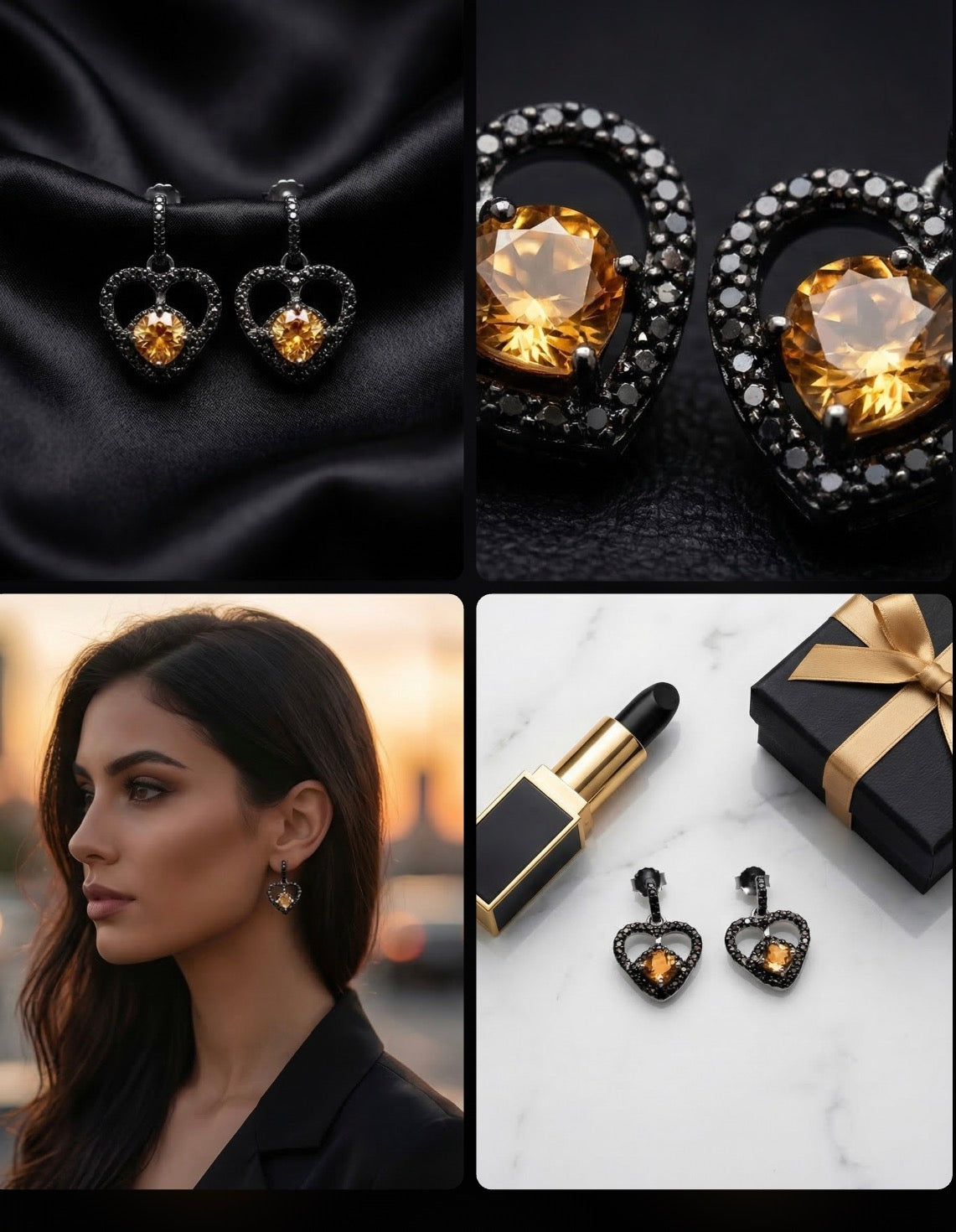 Black Heart 925 Silver Earrings •Quartz, Diamond Earring Dangle •Whimsical Dangle Earrings •Dress up or down Alain Orbiz Jewelry