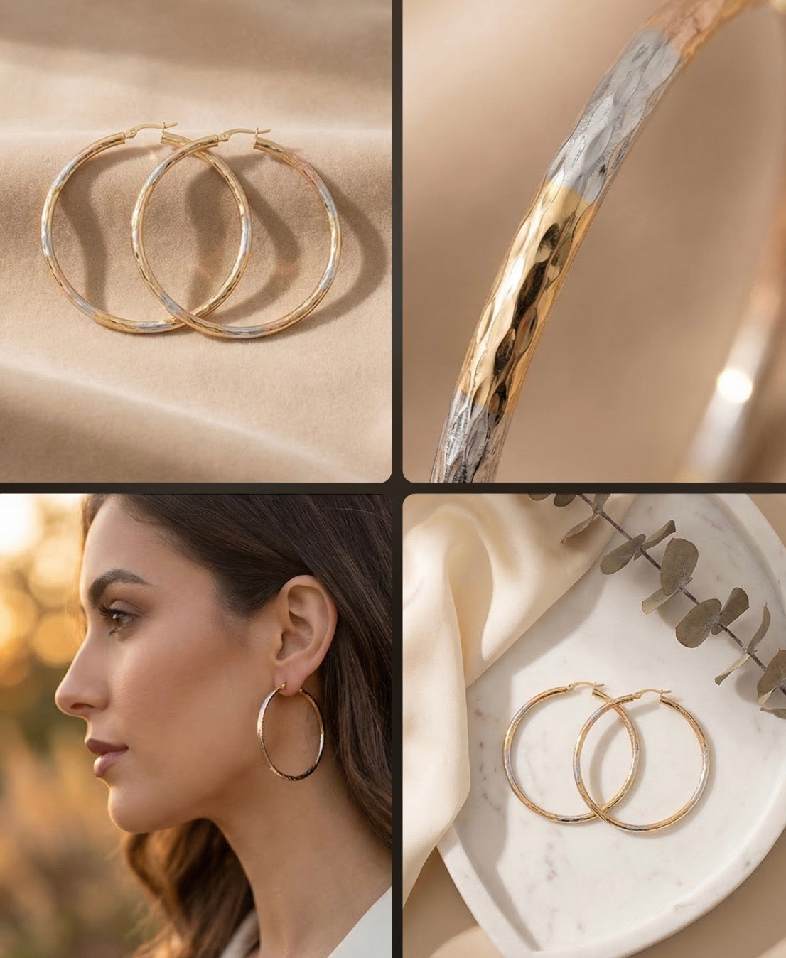 Extra Large Hoop Earrings • Oro Laminado Gold Filled • Tricolor Diamond Cut Finish • Statement Hoops Alain Orbiz Jewelry
