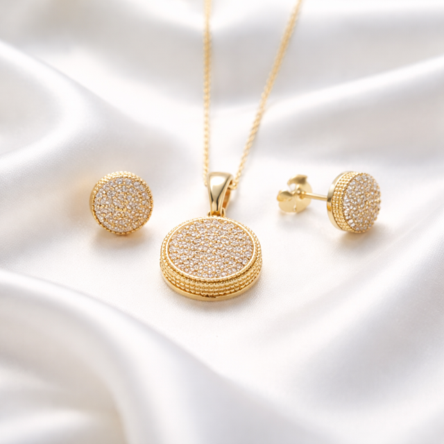 Gold Filled Earrings and Pendant Set • Fashion Jewelry • White Micro Pave • Polished Golden Finish • Gift for Her