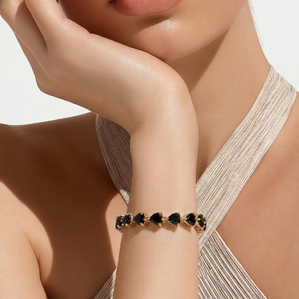 Gold Filled Tennis Bracelet • Heart Design with Black Cubic Zirconia • Polished Gold Finish • 8 Inch