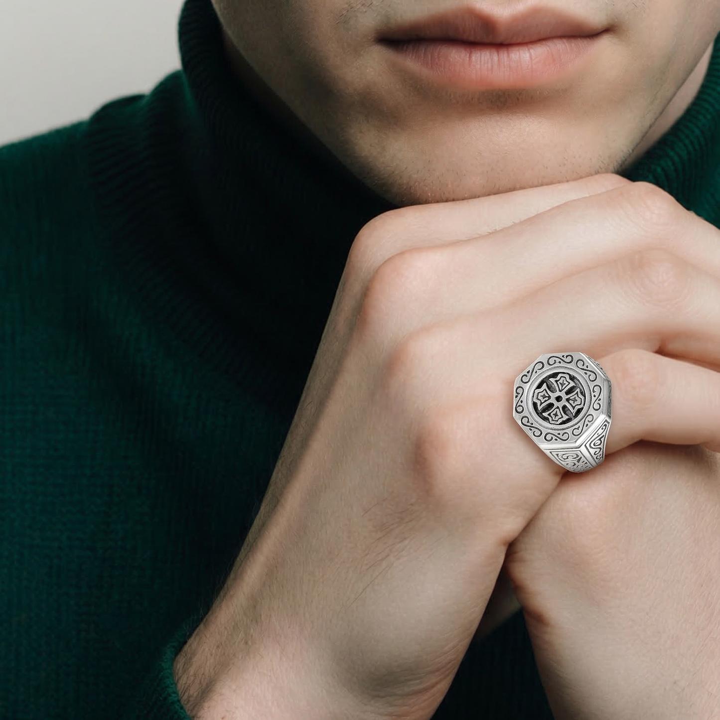 Hexagonal Silver Signet Ring • Handcrafted Balinese Design with Engraved Cross • Unique Jewelry