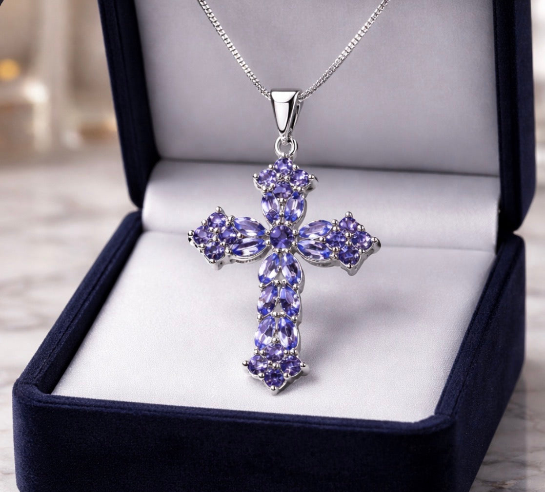 Tanzanite AA+ Cross Pendant 925 Silve •Necklace 24 inches •Natural Gemstone Pendant •December Birthstone •Gift for her Alain Orbiz Jewelry