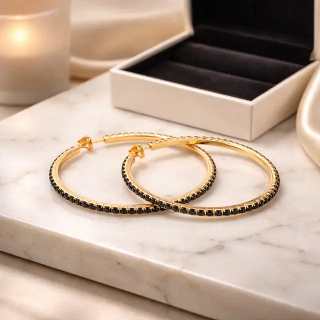 Large Gold Filled Hoop Earrings • Black Cubic Zirconia Accent • Statement Jewelry • Fashion Jewelry • Gift for Her