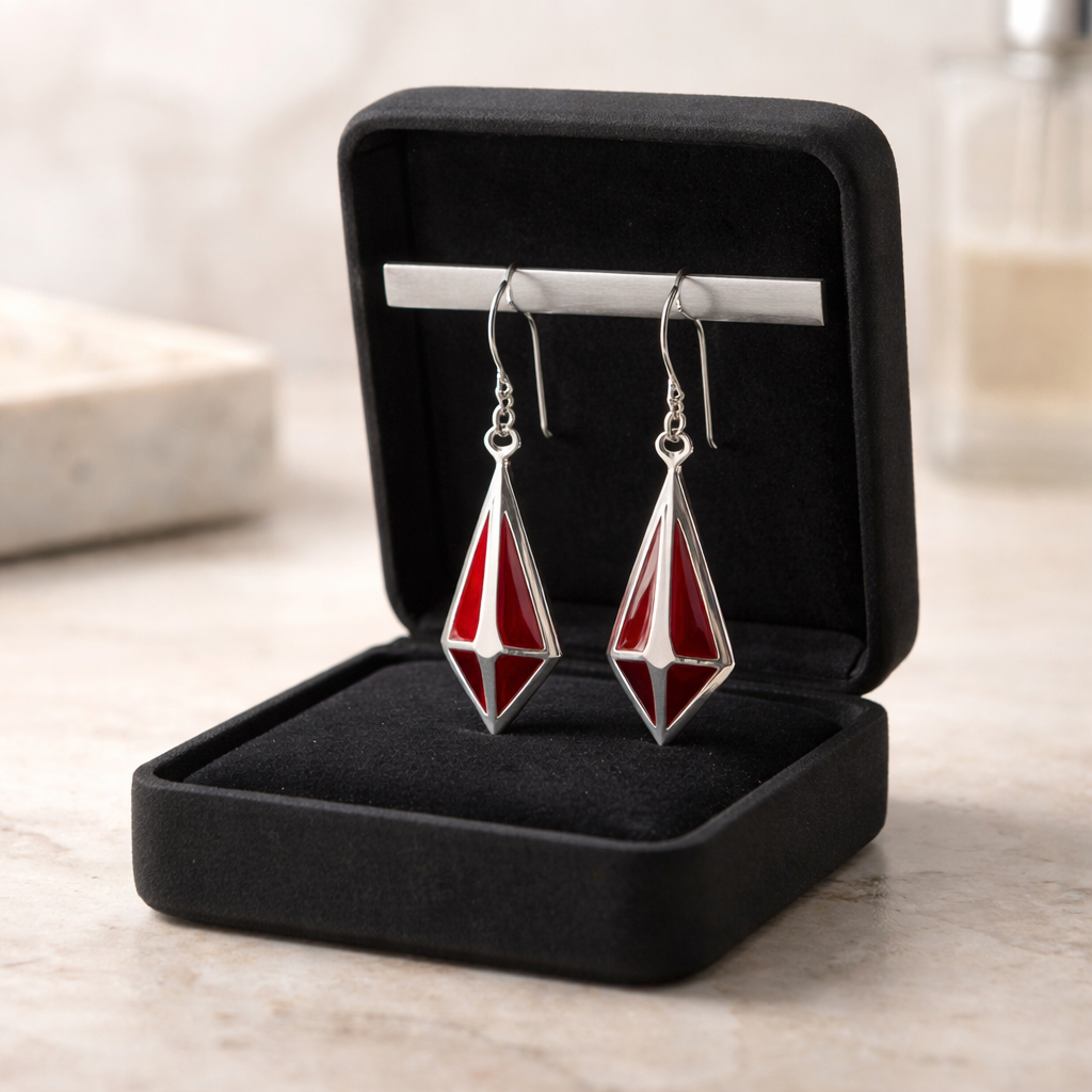 Red Coral Angular Prism Earrings in Sterling Silver 925 • Bold Drop Earrings • Unique Artisan Design