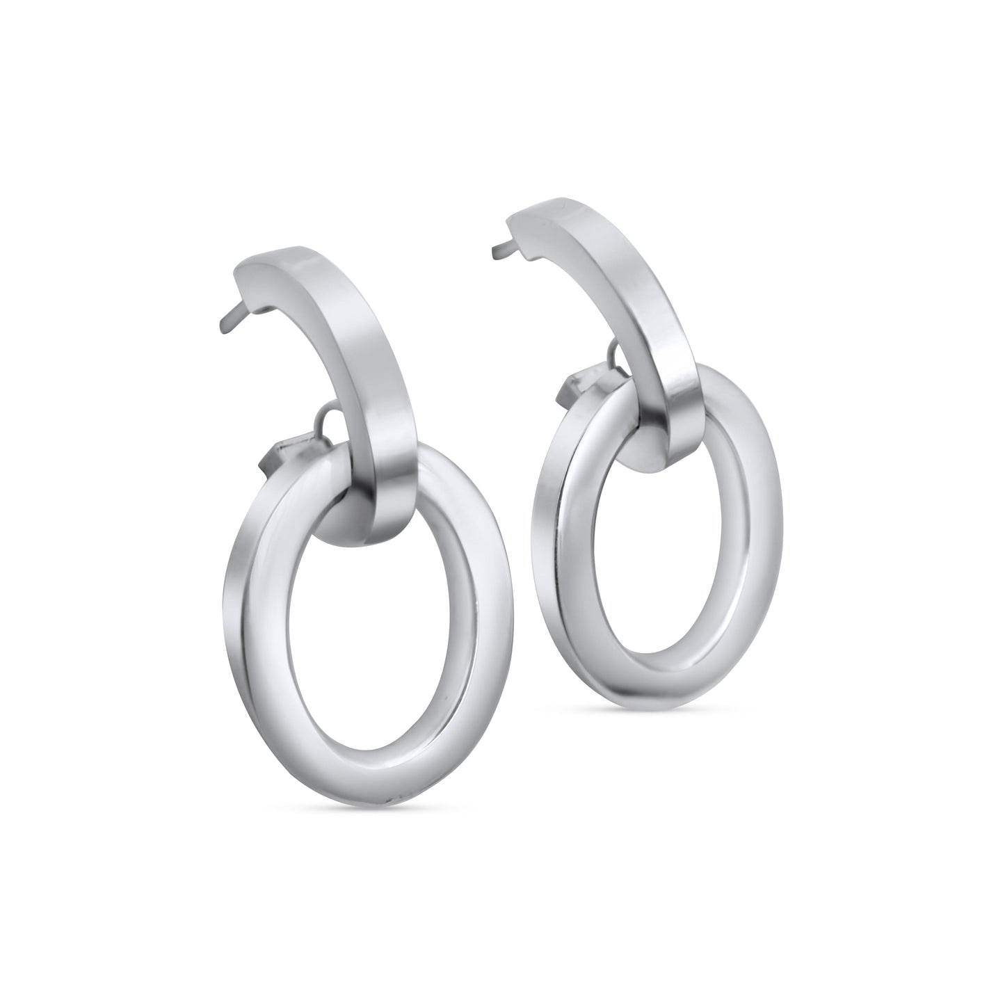 14K White Gold Double Link Earrings •Link Hoop Earrings •Long Dangle Earrings •Everyday Earrings