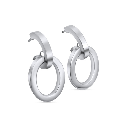 14K White Gold Double Link Earrings •Link Hoop Earrings •Long Dangle Earrings •Everyday Earrings