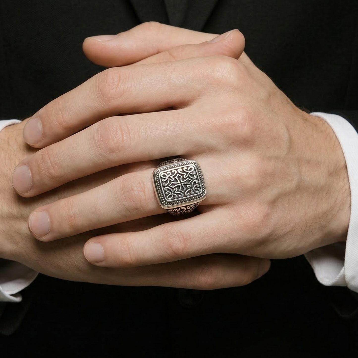 925 Sterling Silver Rectangular Scroll Ring • Detailed Engraved Pattern • Timeless Statement Ring for Men