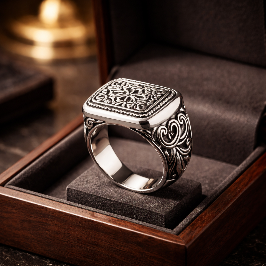925 Sterling Silver Rectangular Scroll Ring • Detailed Engraved Pattern • Timeless Statement Ring for Men