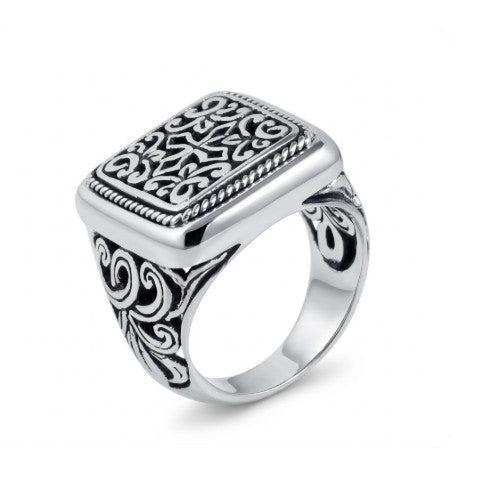 925 Sterling Silver Rectangular Scroll Ring • Detailed Engraved Pattern • Timeless Statement Ring for Men