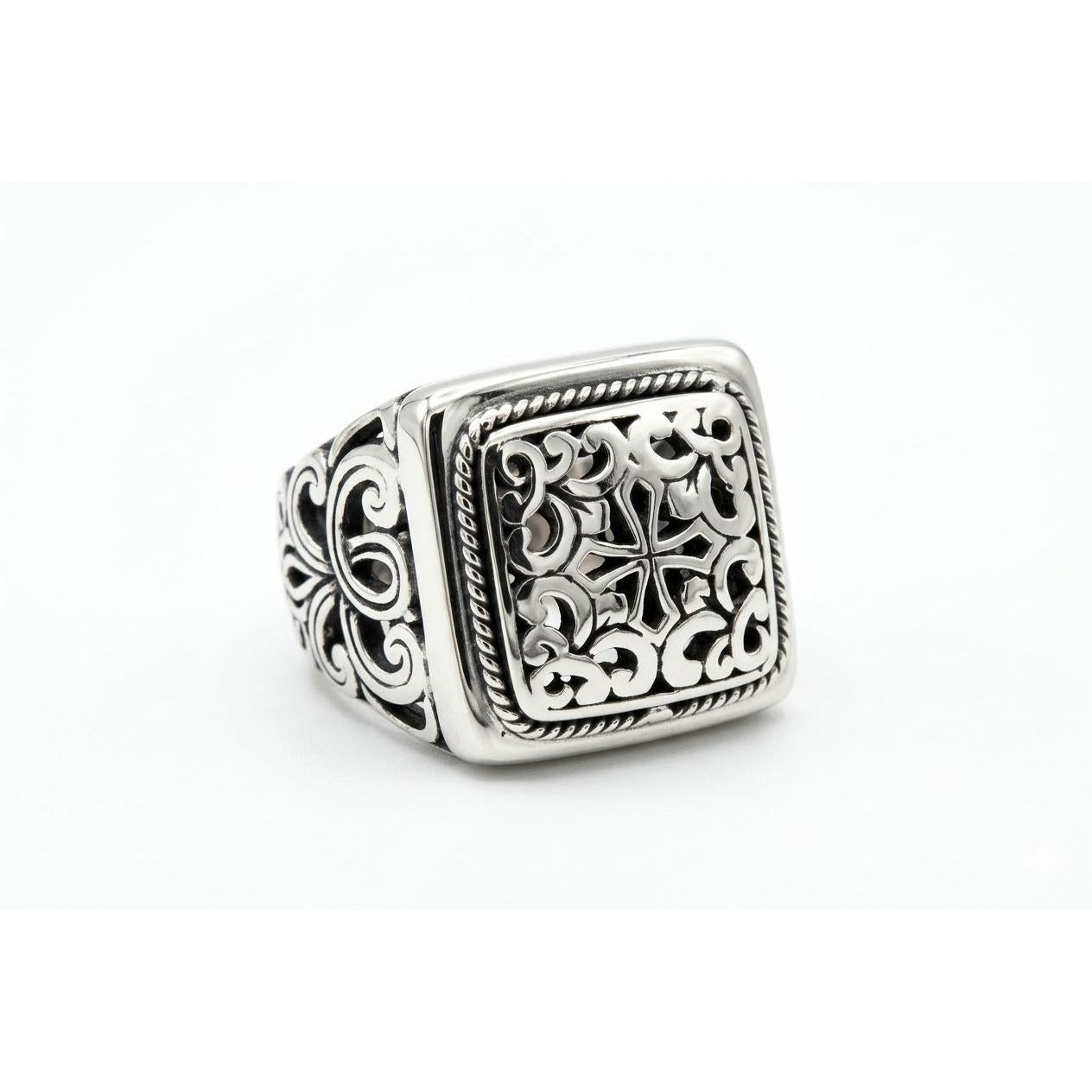 925 Sterling Silver Rectangular Scroll Ring • Detailed Engraved Pattern • Timeless Statement Ring for Men Alain Orbiz Jewelry