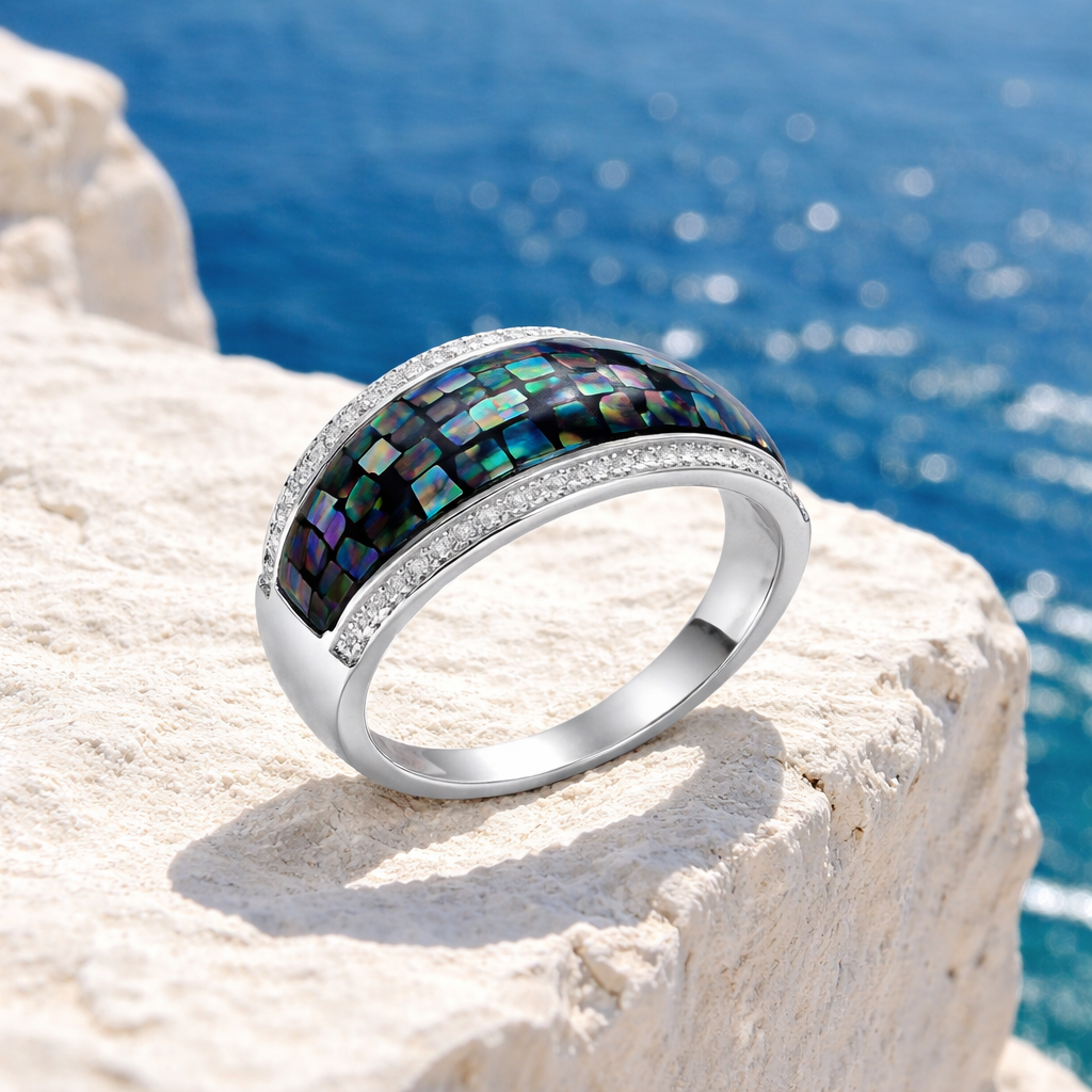 •Abalone 925 Silver Ring •Cubic Zirconia Ring •Blue Shell Ring •Mosaic 925 Silver Ring •Meaningful Gift for every occasion AOJ - Alain Orbiz Jewelry
