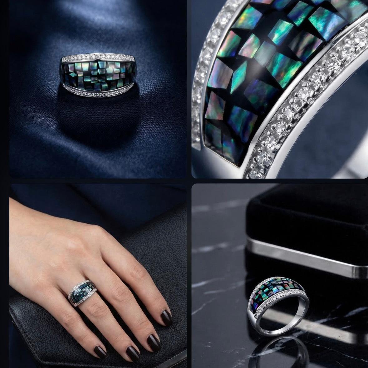•Abalone 925 Silver Ring •Cubic Zirconia Ring •Blue Shell Ring •Mosaic 925 Silver Ring •Meaningful Gift for every occasion AOJ - Alain Orbiz Jewelry