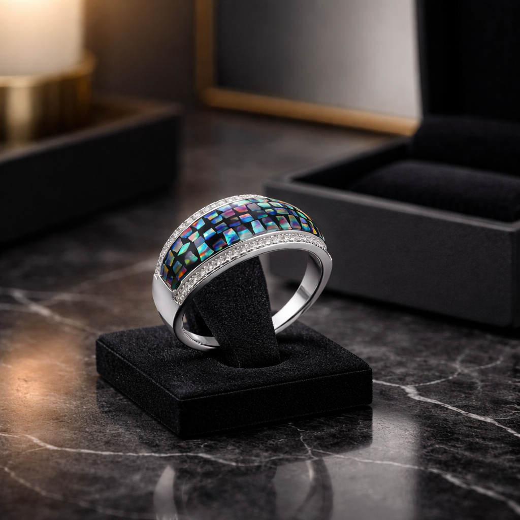 •Abalone 925 Silver Ring •Cubic Zirconia Ring •Blue Shell Ring •Mosaic 925 Silver Ring •Meaningful Gift for every occasion AOJ - Alain Orbiz Jewelry