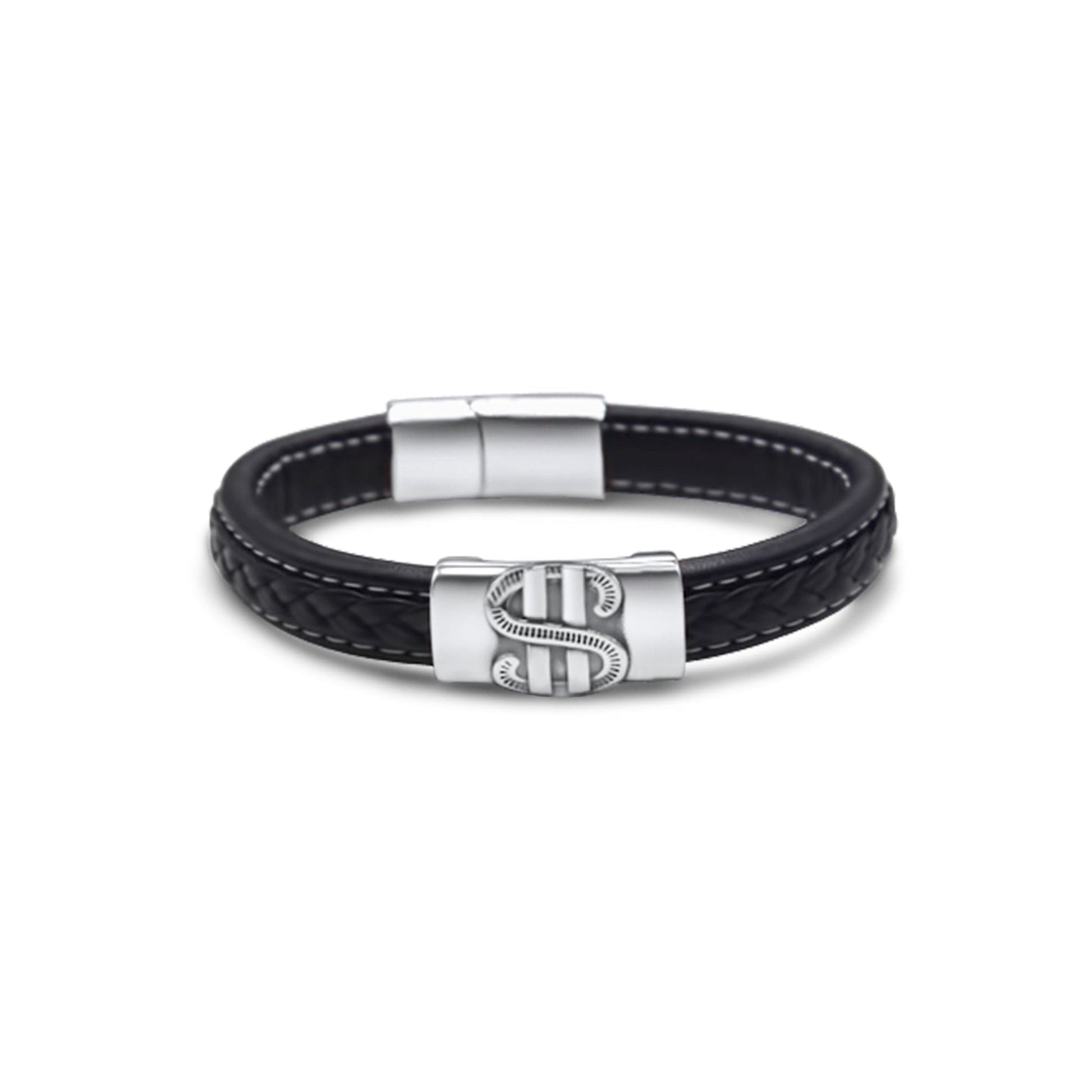 Black Leather Men Bracelet •with Stainless Dollar Sign •Men Jewelry •Gift for Brother, Father, Husband or Boyfriend-Alain Orbiz Jewelry