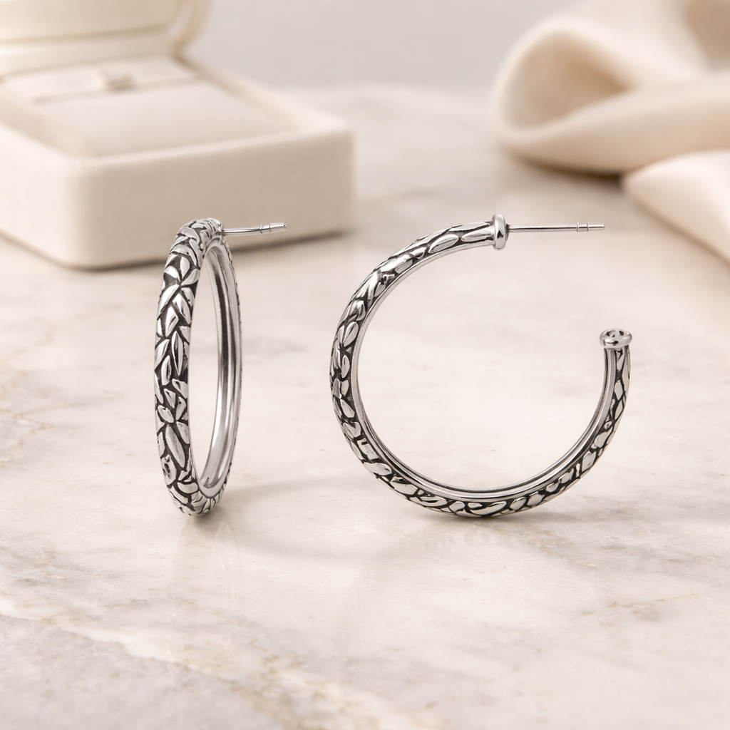 Bali Leaf Pattern Hoop Earrings in Sterling Silver 925 • Elegant Handcrafted Design • for her