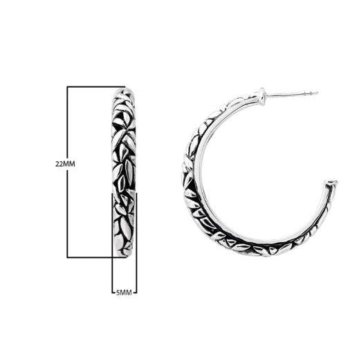 Bali Leaf Pattern Hoop Earrings in Sterling Silver 925 • Elegant Handcrafted Design • for her