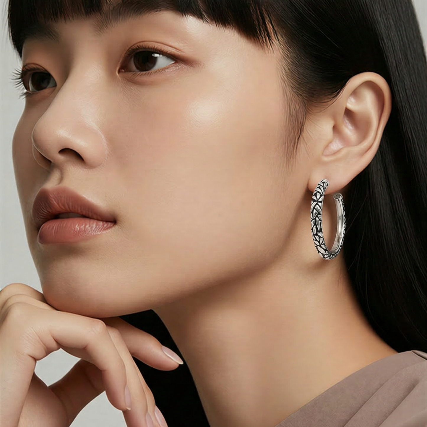 Bali Leaf Pattern Hoop Earrings in Sterling Silver 925 • Elegant Handcrafted Design • for her