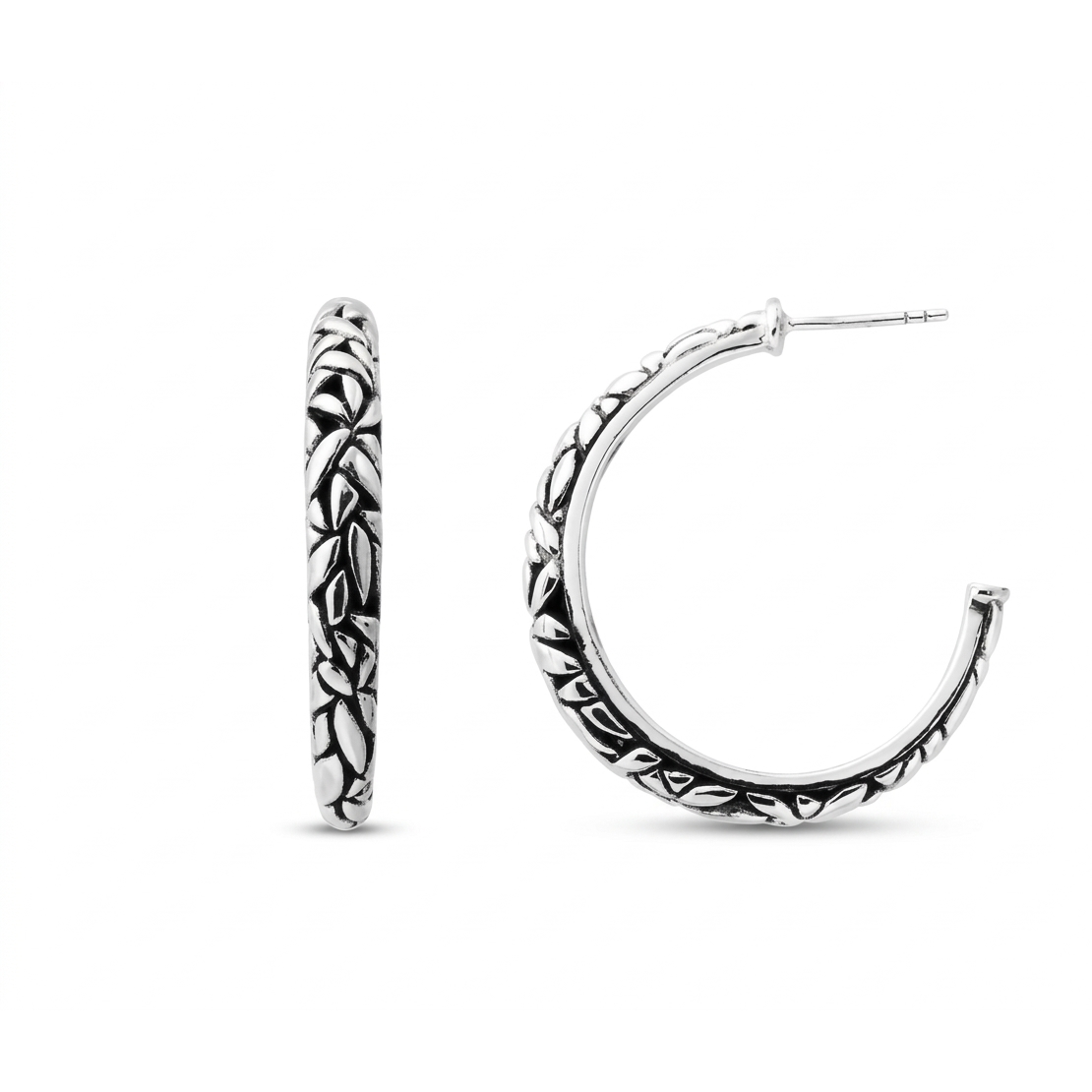 Bali Leaf Pattern Hoop Earrings in Sterling Silver 925 • Elegant Handcrafted Design • for her