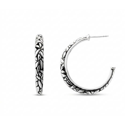 Bali Leaf Pattern Hoop Earrings in Sterling Silver 925 • Elegant Handcrafted Design • for her