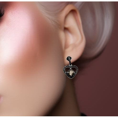 Black Heart 925 Silver Earrings •Quartz, Diamond Earring Dangle •Whimsical Dangle Earrings •Dress up or down