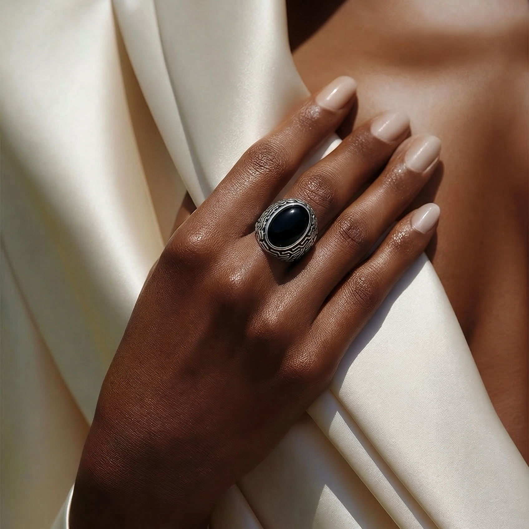 Black Onyx 925 Silver Ring •Chunky Ring with long Onyx Gemstone •Scroll work pattern •Vintage Look Silver Ring •Everyday Gift Alain Orbiz Jewelry
