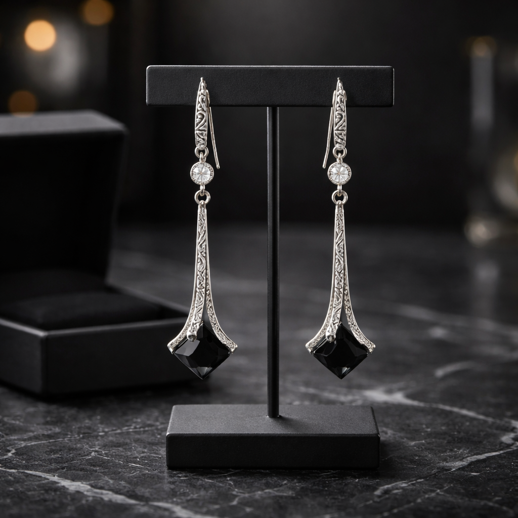 Black Onyx and CZ Sterling Silver 925 Drop Earrings • Elegant Elongated Geometric Statement Jewelry