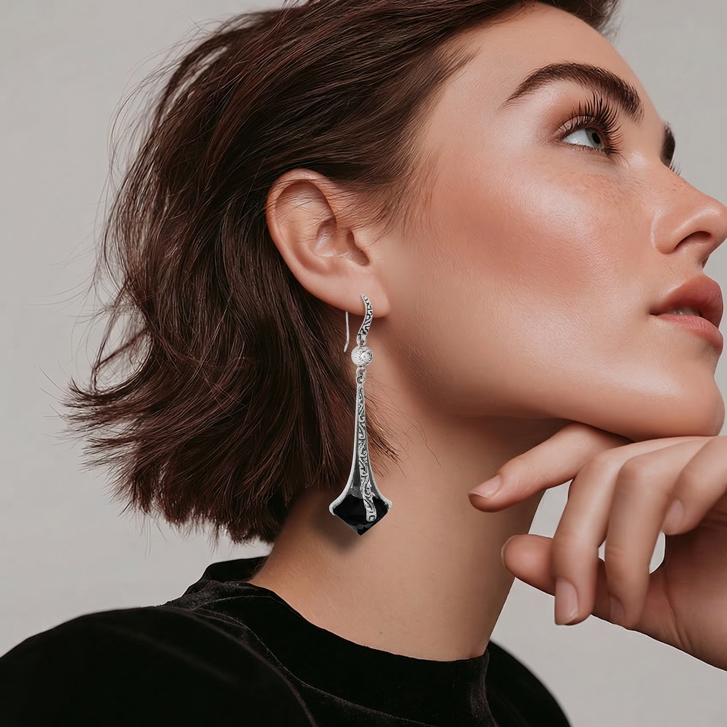 Black Onyx and CZ Sterling Silver 925 Drop Earrings • Elegant Elongated Geometric Statement Jewelry