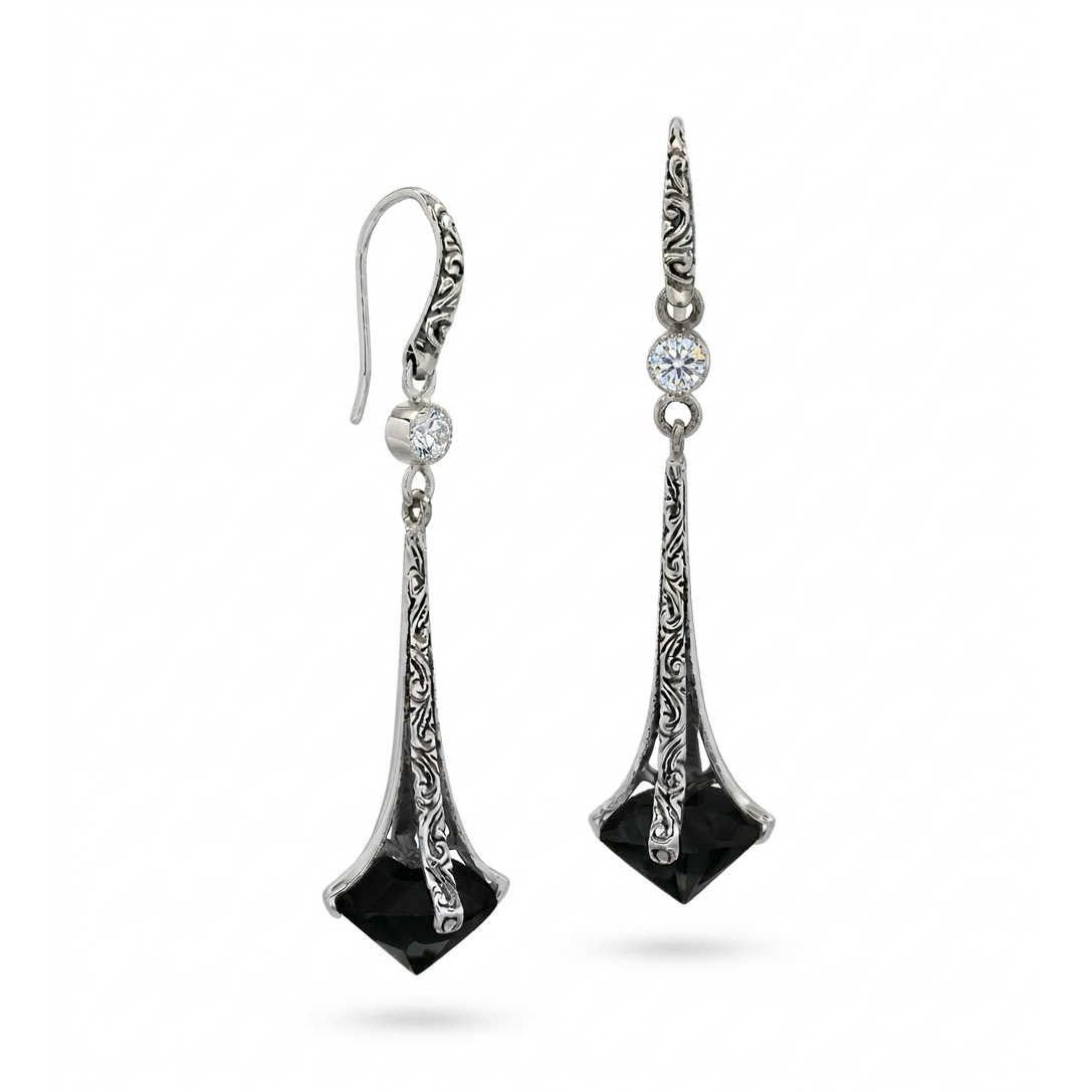 Black Onyx and CZ Sterling Silver 925 Drop Earrings • Elegant Elongated Geometric Statement Jewelry
