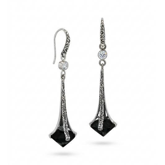 Black Onyx and CZ Sterling Silver 925 Drop Earrings • Elegant Elongated Geometric Statement Jewelry