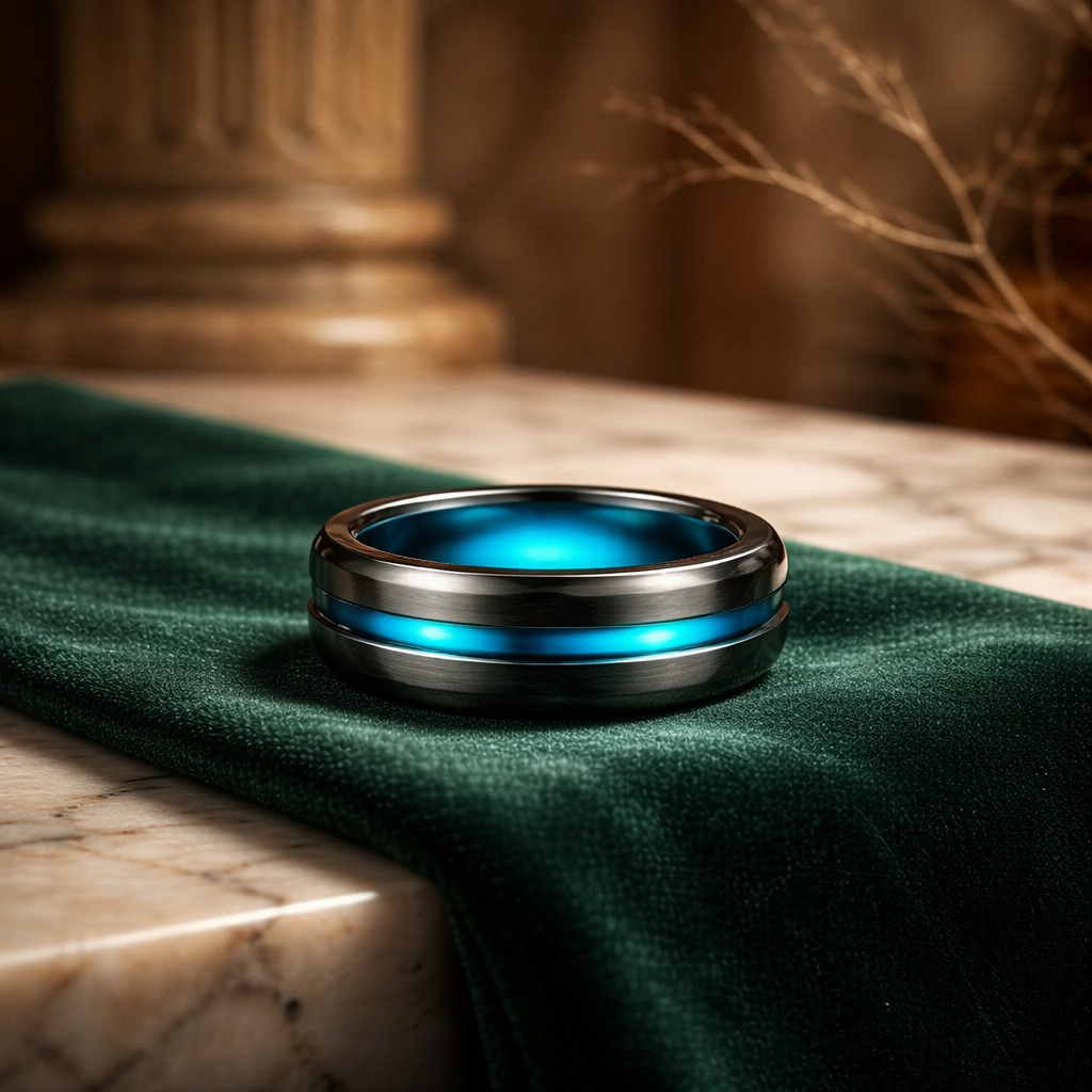 Black Tungsten Ring with blue Line •8.00 mm Ring •Comfort Wedding Ring •All-Day wear Alain Orbiz Jewelry