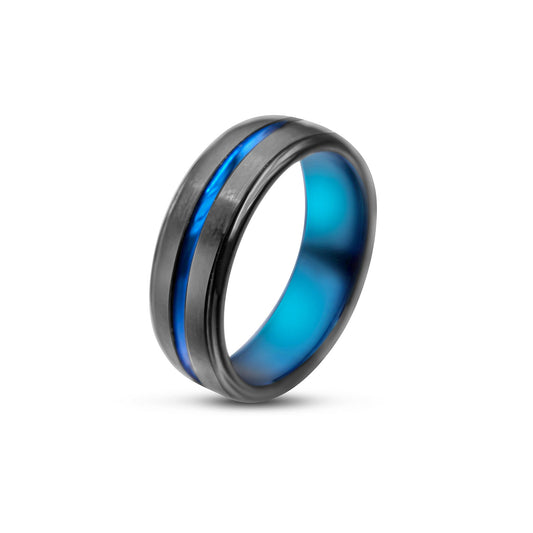 Black Tungsten Ring with blue Line •8.00 mm Ring •Comfort Wedding Ring •All-Day wear
