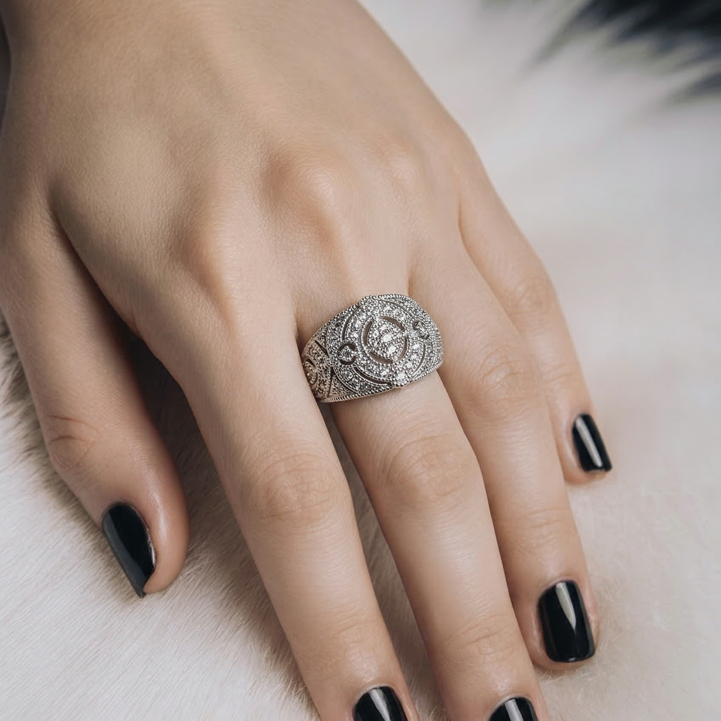 Diamond Silver 925 Ring  •Chunky Silver Ring •Vintage Style Ring •Floral Diamond Ring •Victorian Diamond Ring Alain Orbiz Jewelry