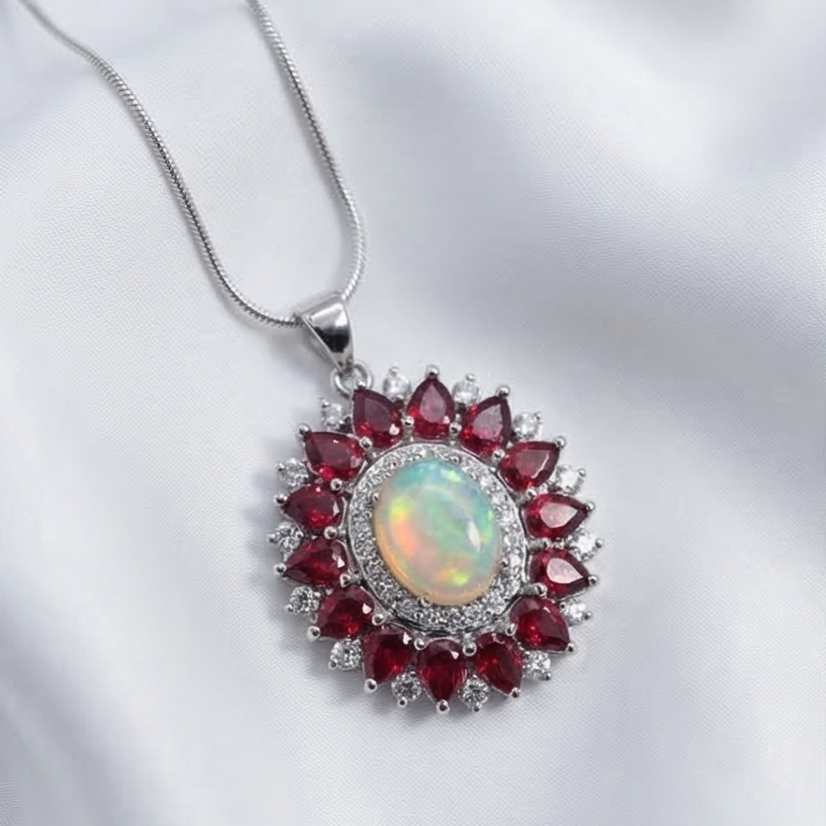 Ethiopian Opal, purple Rhodolite, and white Topaz 925 Silver Pendant •Colorful big Silver Pendant •Unique Gift for her Alain Orbiz Jewelry