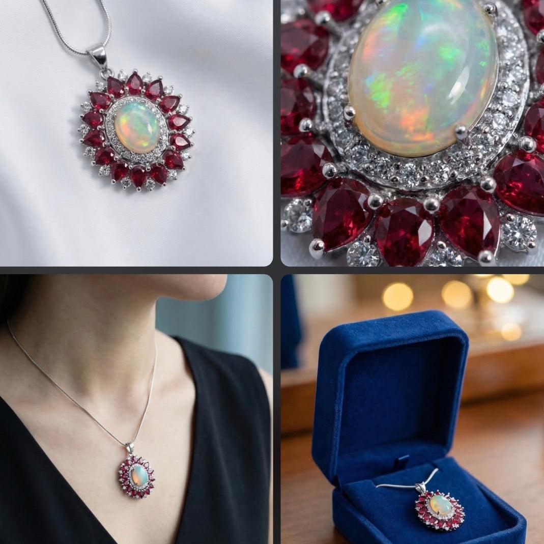 Ethiopian Opal, purple Rhodolite, and white Topaz 925 Silver Pendant •Colorful big Silver Pendant •Unique Gift for her Alain Orbiz Jewelry