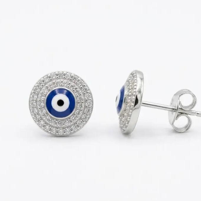 Evil Eye Stud Earrings • Rhodium Gold Filled • White Cubic Zirconia and Enamel • Fashion Jewelry • Gift for Her