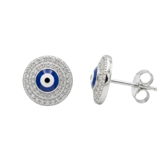 Evil Eye Stud Earrings • Rhodium Gold Filled • White Cubic Zirconia and Enamel • Fashion Jewelry • Gift for Her