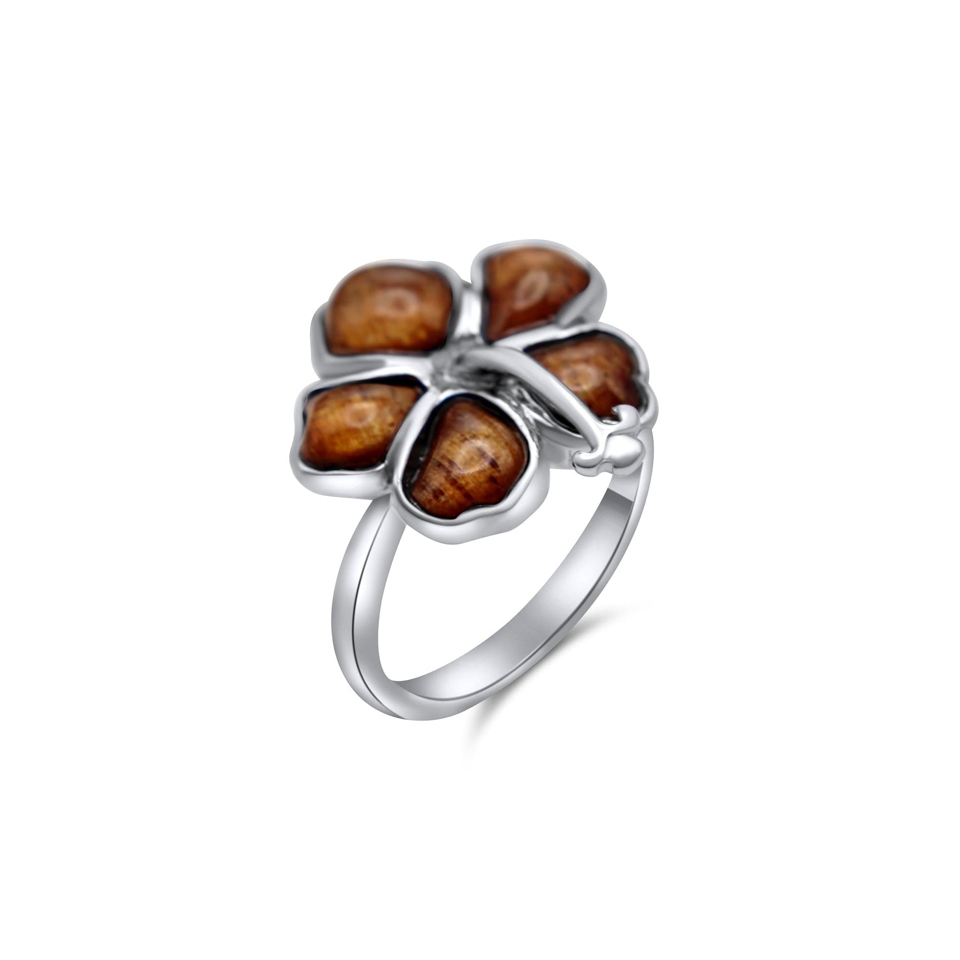 Flower Ring 925 Koa Wood •Hibiscus Flower Silver Ring •Dainty Flower Ring for Woman •Statement Brown Flower-shaped Ring