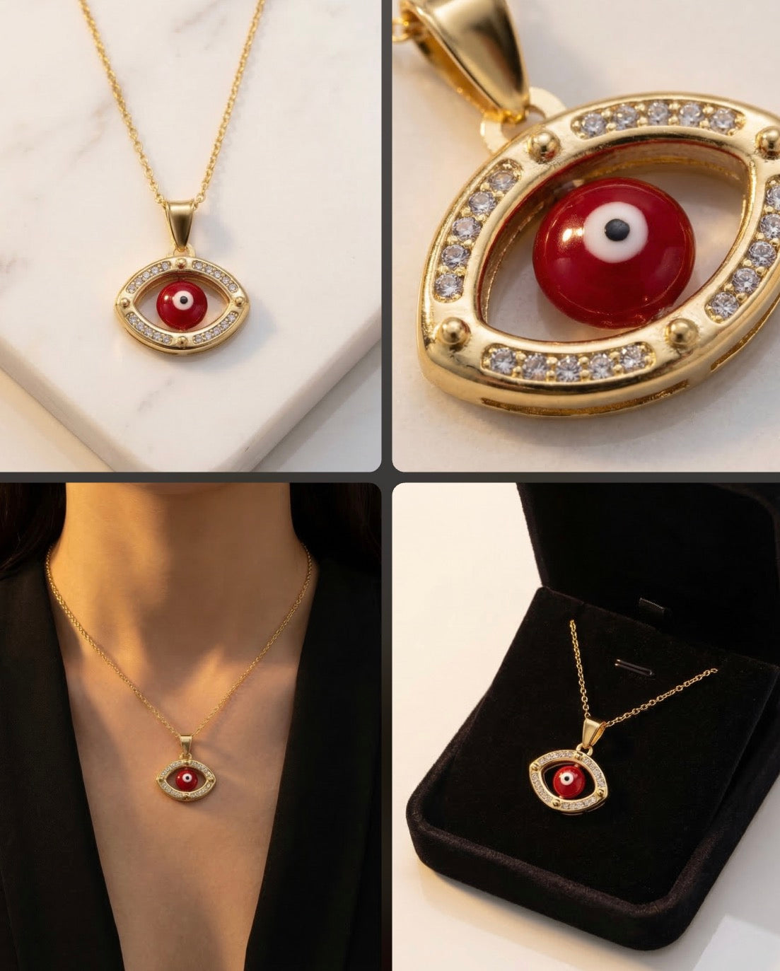 Red Evil Eye Pendant 14K Gold •Oval Pendant Cubic Zirconia •Protection Gold Necklace •Everyday Gift Alain Orbiz Jewelry