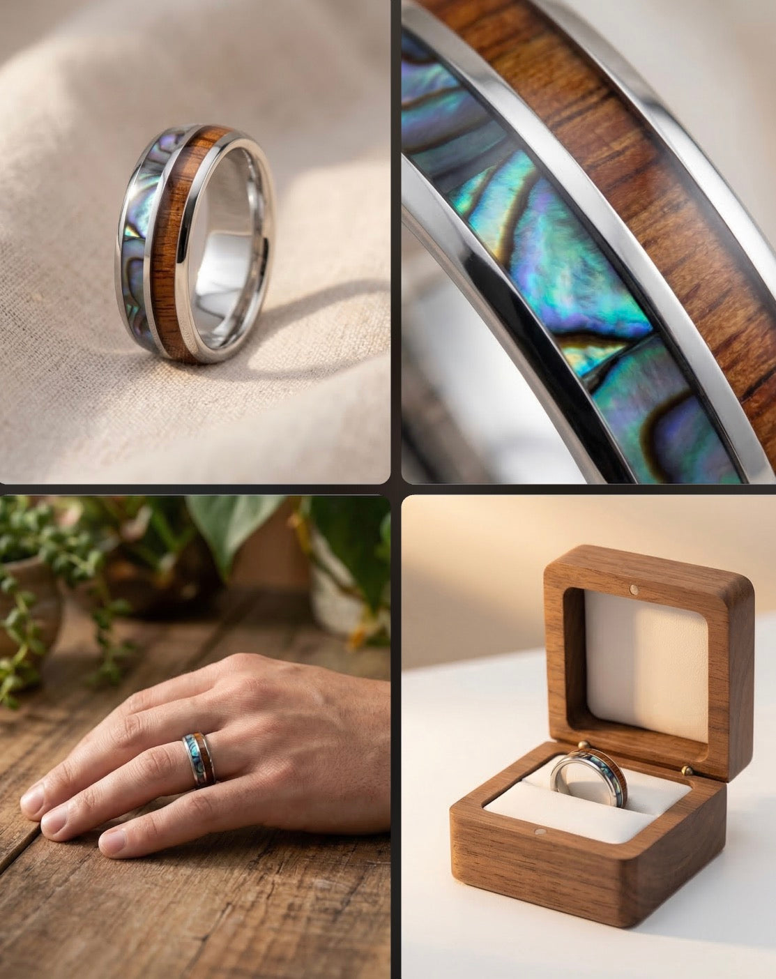 Tungsten Ring with Koa Wood and Abalone •8.00 mm Ring band •Gift for special occasion •Men Wedding Bands AOJ - Alain Orbiz Jewelry