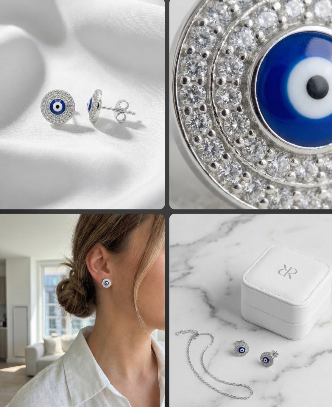 Evil Eye Stud Earrings • Rhodium Gold Filled • White Cubic Zirconia and Enamel • Fashion Jewelry • Gift for Her Alain Orbiz Jewelry