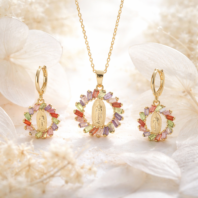 Gold Filled Earring and Pendant Set • Virgin Maria Design • Multicolor Cubic Zirconia • Polished Golden Finish