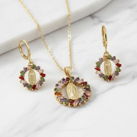 Gold Filled Earring and Pendant Set • Virgin Maria Design • Multicolor Cubic Zirconia • Polished Golden Finish