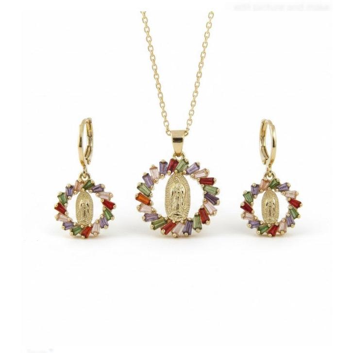 Gold Filled Earring and Pendant Set • Virgin Maria Design • Multicolor Cubic Zirconia • Polished Golden Finish