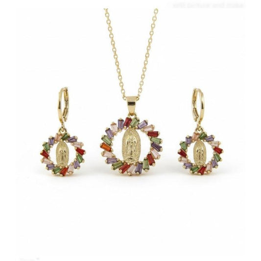 Gold Filled Earring and Pendant Set • Virgin Maria Design • Multicolor Cubic Zirconia • Polished Golden Finish