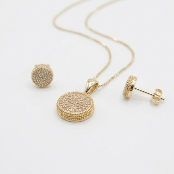 Gold Filled Earrings and Pendant Set • Fashion Jewelry • White Micro Pave • Polished Golden Finish • Gift for Her