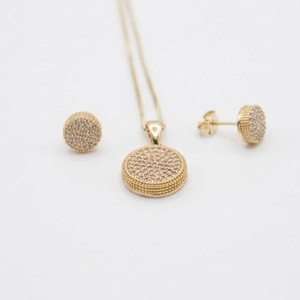 Gold Filled Earrings and Pendant Set • Fashion Jewelry • White Micro Pave • Polished Golden Finish • Gift for Her