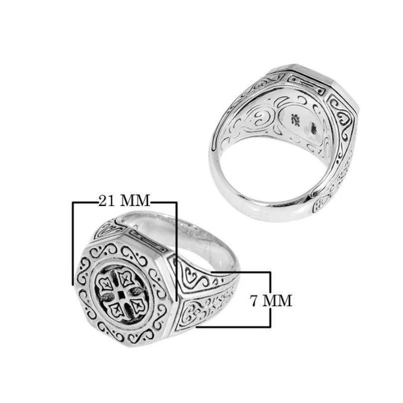 Hexagonal Silver Signet Ring • Handcrafted Balinese Design with Engraved Cross • Unique Jewelry
