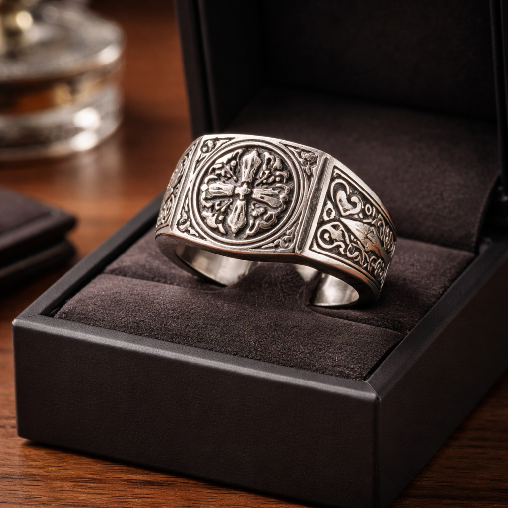 Hexagonal Silver Signet Ring • Handcrafted Balinese Design with Engraved Cross • Unique Jewelry