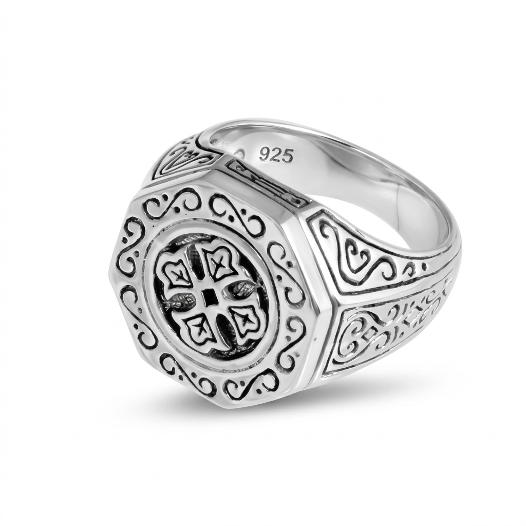 Hexagonal Silver Signet Ring • Handcrafted Balinese Design with Engraved Cross • Unique Jewelry